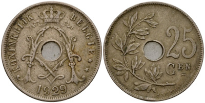 Бельгия 25 сантимов 1929 Belgie KM 69 медно-никель 33-1145