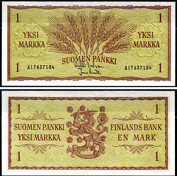 Финляндия 1 марка 1963 Pick 98a (41) бумага aUNC 450-39-2