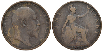 Великобритания 1 пенни 1903 Эдуард VII (1901-1910) KM 794.2, Sp 3990 бронза 4165-711