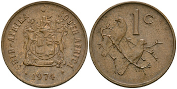 ЮАР 1 цент 1974 герб, капские воробьи KM 82 бронза 08-1346