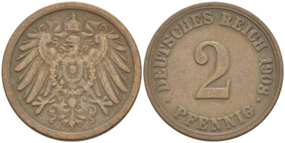 ГЕРМАНИЯ 2 ПФЕННИГА 1908 A KM 16, J. 11, Weege 4 медь 212-336