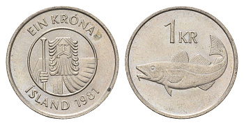 Исландия 1 крона 1981 треска KM 27 медно-никель 4691-522