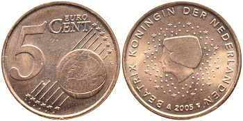 Нидерланды 5 евроцентов 2005 KM 236 сталь плакированная медью UNC 259-626