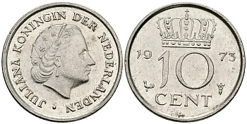 НИДЕРЛАНДЫ 10 ЦЕНТОВ 1973 ЮЛИАНА KM 182 никель 96-511