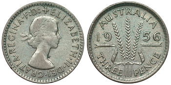 Австралия 3 пенса 1956 m, Елизавета II (1952-2022) KM 57 серебро 71-459