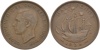 Великобритания 1/2 пенни 1938 Георг VI (1936-1952) KM 844, Spink 4115 бронза 63-413