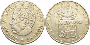 Швеция 1 крона 1960 TS, Густав VI Адольф (1950-1973) KM 826 серебро 3856-1214