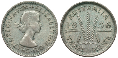 Австралия 3 пенса 1956 m, Елизавета II (1952-2022) KM 57 серебро 71-459