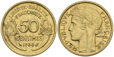 Франция 50 сантимов 1938 KM 894.1, Le Franc 192.15 алюминиевая бронза 4596-813