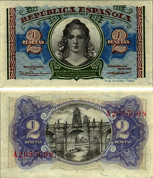 ИСПАНИЯ 2 ПЕСЕТЫ 1938 МОСТ ТОЛЕДО В МАДРИДЕ В СТИЛЕ БАРОККО Pick 95 бумага UNC (ПРЕСС) 7553-38-2-1