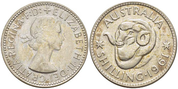 Австралия 1 шиллинг 1961 m, Елизавета II (1952-2022), овца меринос KM 59 серебро 4514-1042