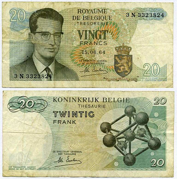 Бельгия 20 франков 1964 Бодуэн I, атомиум, Esselens Pick 138 (2) бумага 6262-52-2-1