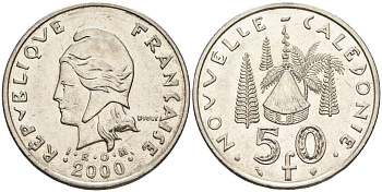 Французская Новая Каледония 50 франков 2000 хижина среди сосен и пальм, (IEOM) KM 13, Schoen 15, Lec 121 никель 4123-844