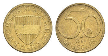 Австрия 50 грошей 1990 KM 2885 алюминиевая бронза UNC 4124-617