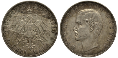 Бавария 3 марки 1910 Отто (1886-1913) Weege 45, J. 47, KM 515 серебро 3711-1943