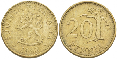 ФИНЛЯНДИЯ 20 ПЕННИ 1980 K KM 47 алюминиевая бронза 3718-643