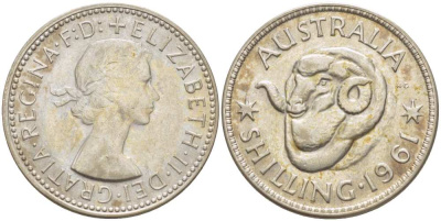 Австралия 1 шиллинг 1961 m, Елизавета II (1952-2022), овца меринос KM 59 серебро 4514-1042