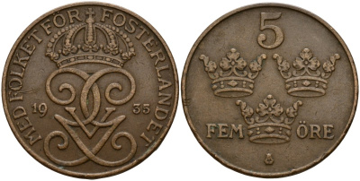 Швеция 5 эре 1935 Густав V (1907-1950) KM 779.2 бронза 4187-853