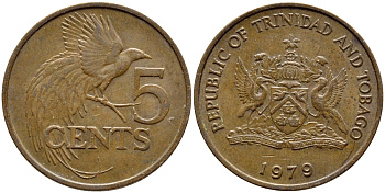 Тринидад и Тобаго 5 центов 1979 райская птица KM 30 бронза 4398-131