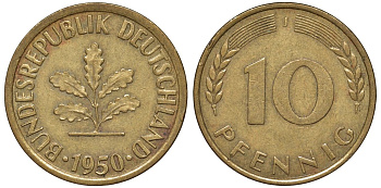ФРГ 10 пфеннигов 1950 J KM 108, J. 383 сталь плакированная латунью 4132-536