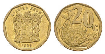 ЮАР 20 центов 1996 герб, цветок протея KM 162 сталь плакированная бронзой UNC 4618-524