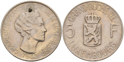 Люксембург 5 франков 1962 Великая герцогиня Шарлотта (1919-1964) KM 51 медно-никель 4143-1243