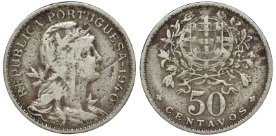 Португалия 50 сентаво 1940 KM 577 медно-никель 51-3314