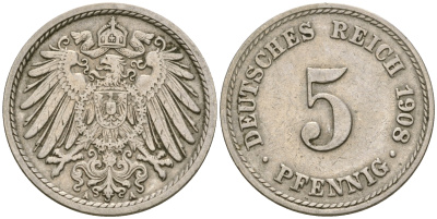 Германия 5 пфеннигов 1908 A KM 11, Jager 12, Weege 6 медно-никель 4364-3647