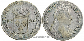 Франция 1/2 экю 1709 BB, Людовик XIV KM 409.2 серебро 00-819-03