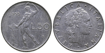 Италия 50 лир 1955 R, бог огня Вулкан у наковальни KM 95.1 нержавеющая сталь 85-111