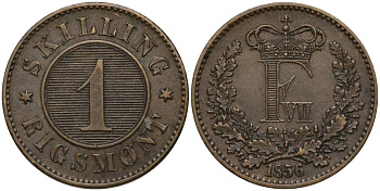 ДАНИЯ 1 СКИЛЛИНГ РИГСМОНТ 1856 ФРЕДЕРИК VII (1848-1863) KM 763 (С135) бронза 27-453