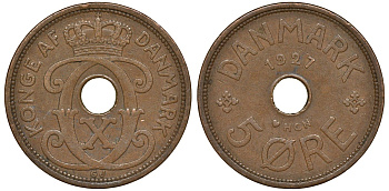 Дания 5 эре 1927 HCN; GJ, Кристиан X (1912-1947) KM 827.1 бронза 4162-132