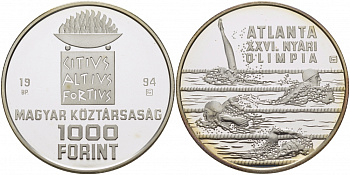 Венгрия 1000 форинтов 1994 XXVI Олимпийские игры в Атланте, плавание KM 712 серебро PROOF 1081-4-12