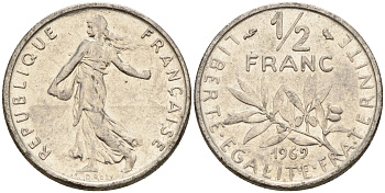 Франция 1/2 франка 1969 сеятель КМ 931.1 никель    4602-616