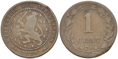 НИДЕРЛАНДЫ 1 ЦЕНТ 1881 ВИЛЛИАМ III (1849-1890) KM 107 бронза 4547-1257