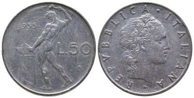 Италия 50 лир 1955 R, бог огня Вулкан у наковальни KM 95.1 нержавеющая сталь 85-111