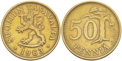 ФИНЛЯНДИЯ 50 ПЕННИ 1963 S KM 48 алюминиевая бронза 210-831