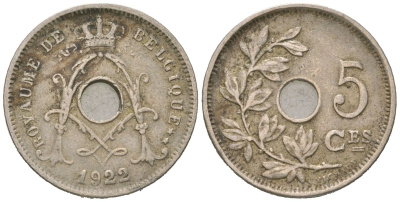 Бельгия 5 сантимов 1922 Belgique, Альберт I (1909-1934) KM 66 медно-никель 4615-662
