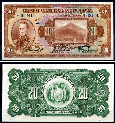 Боливия 20 боливиано 1928 Симон Боливар, Потоси, серия Z3 Pick 122 a (9)  бумага  aUNC 00-00