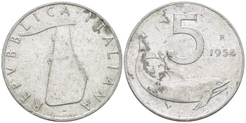 ИТАЛИЯ 5 ЛИР 1954 R, РУЛЬ, ДЕЛЬФИН KM 92 алюминий 175-113