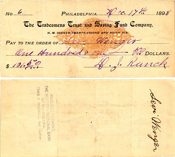 США чек на 101,50 долларов 1898 Филадельфия бумага 2196-17-1-2