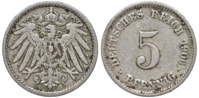 ГЕРМАНИЯ 5 ПФЕННИГОВ 1906 D, KM 11, J. 12 медно-никель 45-1126