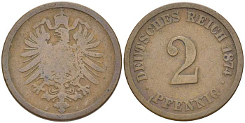 ГЕРМАНИЯ 2 ПФЕННИГА 1874 A, СТАРОГЕРБОВКА KM 2, J. 2, Weege 3 медь 212-452