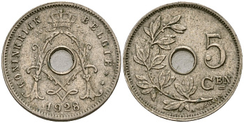 Бельгия 5 сантимов 1928 Belgie KM 67 медно-никель 4136-518