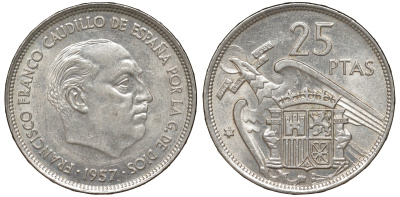 Испания 25 песет 1957 (70) Франсиско Франко (1939-1975) KM 787 медь никель цинк 4168-1122