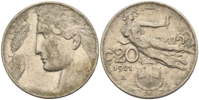 Италия 20 чентезимо 1921 R, Виктор Эммануил (1900-1946) KM 44 никель 4116-1254