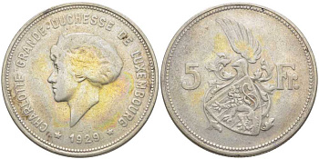 Люксембург 5 франков 1929 Великая герцогиня Шарлотта (1919-1964) KM 38 серебро 117-555