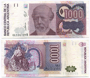 АРГЕНТИНА 1000 АУСТРАЛЕЙ 1989 СЕРИЯ В 44134, ПРЕЗИДЕНТ АРГЕНТИНЫ ХУЛИО РОКА Pick 329b бумага 8564-38-3