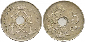 БЕЛЬГИЯ 5 САНТИМОВ 1922 BELGIE KM 67 медно-никель 4549-1136