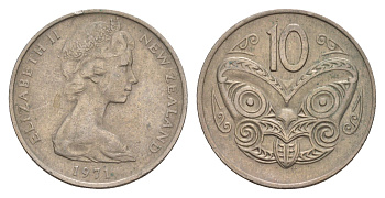 Новая Зеландия 10 центов 1971 Елизавета II (1952-2022), маска маори KM 41.1 медно-никель 4657-125